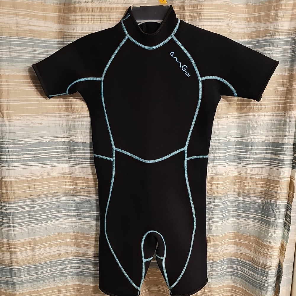 OMGear Kids Black Aqua Neoprene Shorty One Piece Wetsuit